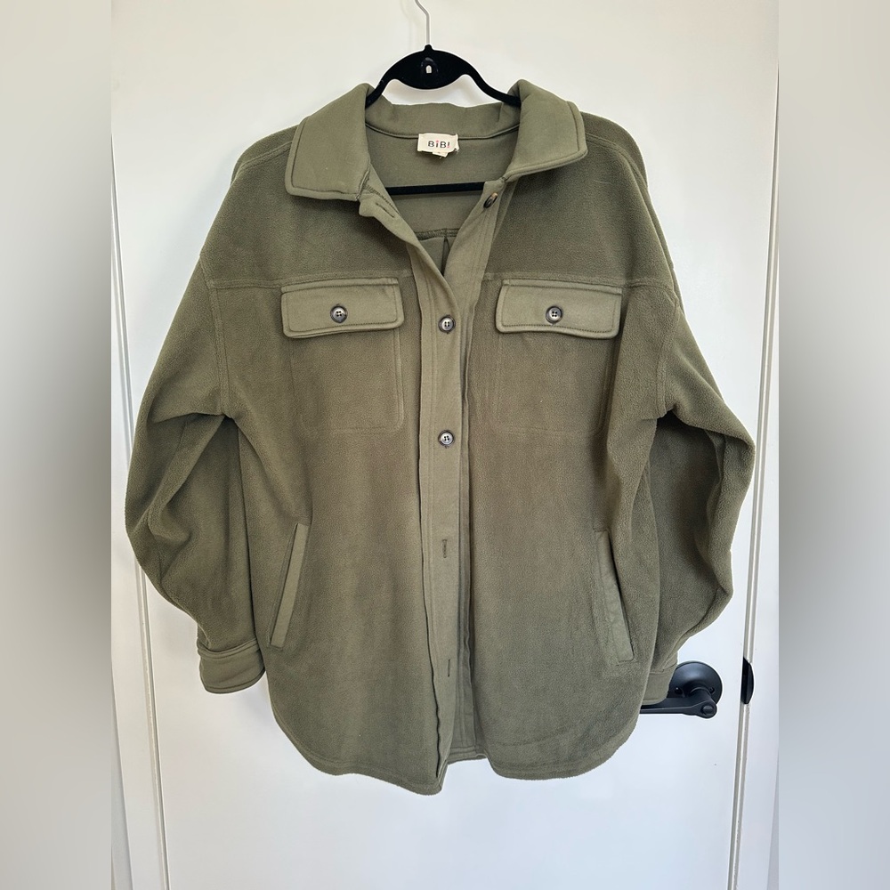 Bibi Oversized Olive Green Fleece Button-Up